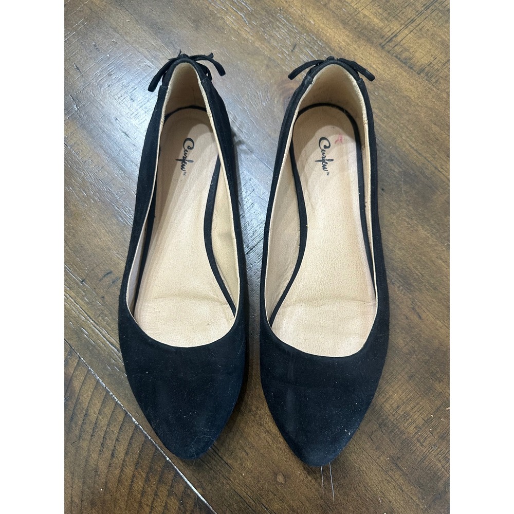 Curfew Womens Black Faux Suede Pointed Toe Ballet Flats with Heel Bow Size 7.5